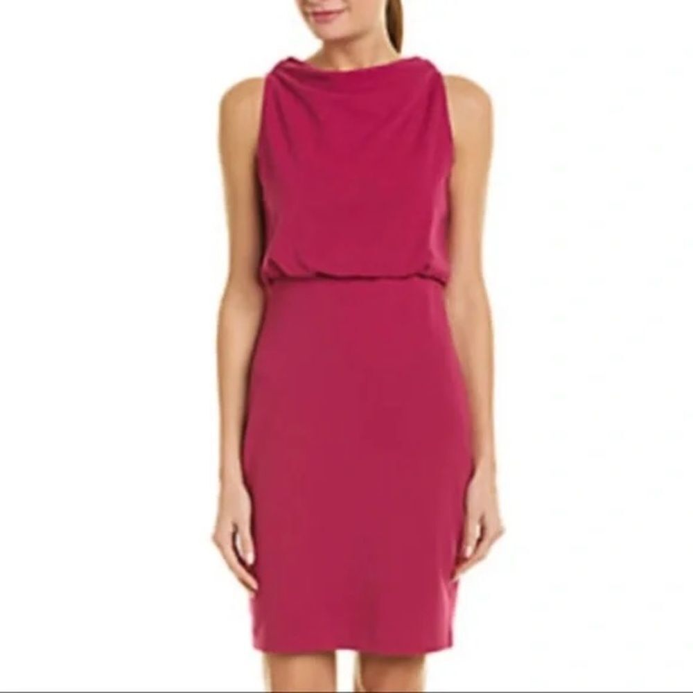 Belle Badgley Mischka Draped Midi Sheath Dress Women's Size 14 Magenta Cowl Neck